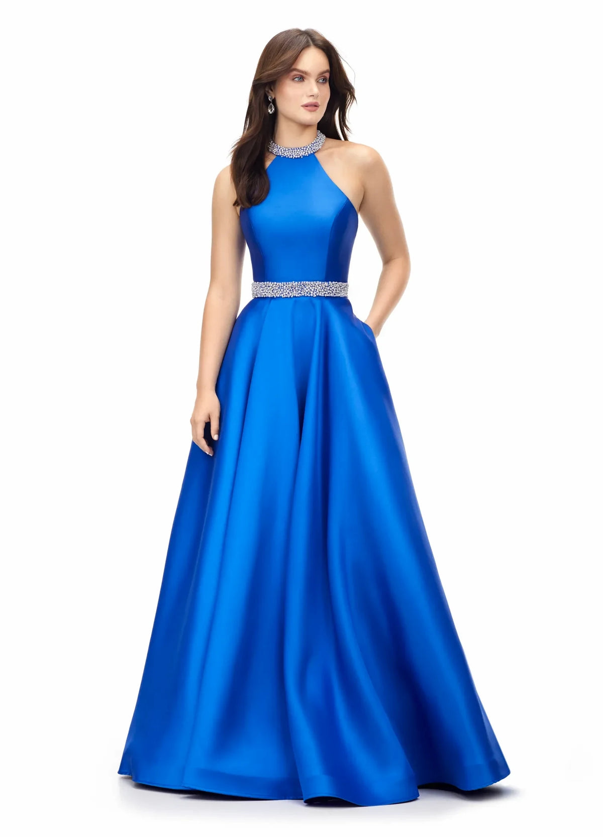 Elegant A-Line Halter Sleeveless Embellished Chic Royal Blue Floor-Length Evening Dress