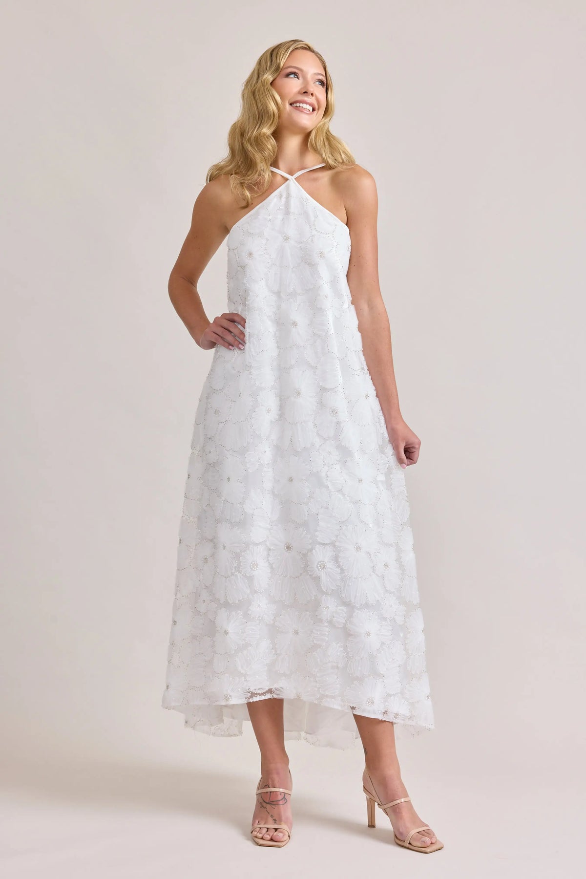 Elegant A-Line Halter Sleeveless Floral Beaded White Midi Prom Dress Women's Gown