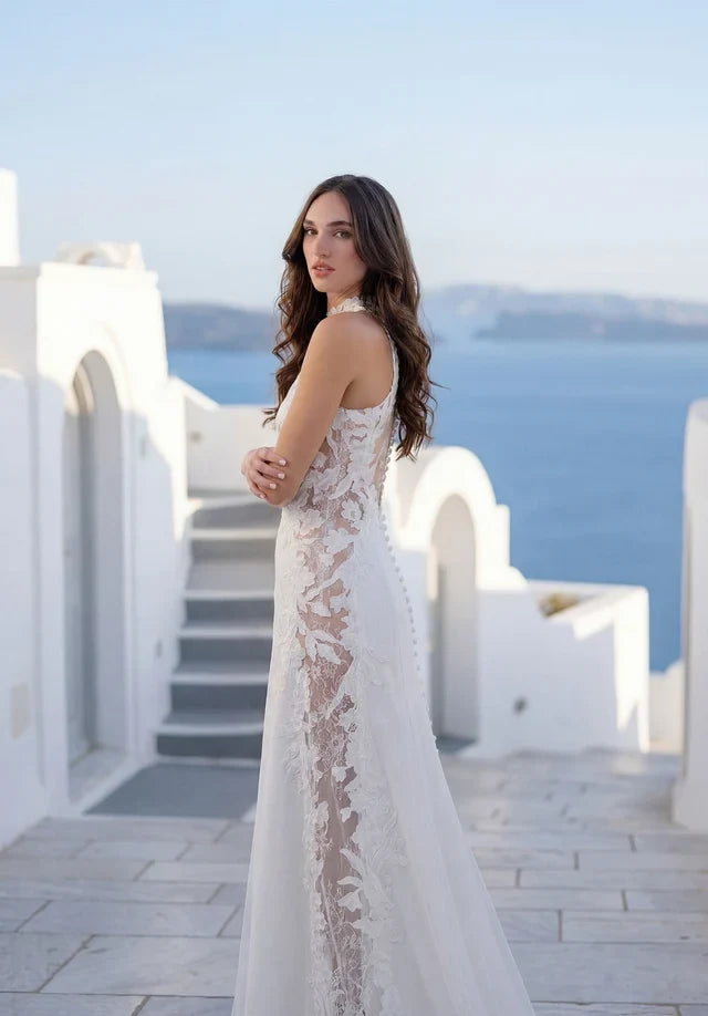 Elegant A-Line Halter Sleeveless Illusion Backless White Maxi Wedding Dresses Bride