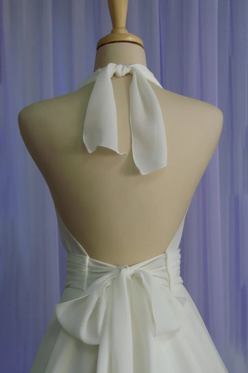 Elegant A-Line Halter Sleeveless Pleated Bow Ivory Tea-Length Wedding Dress for Brides