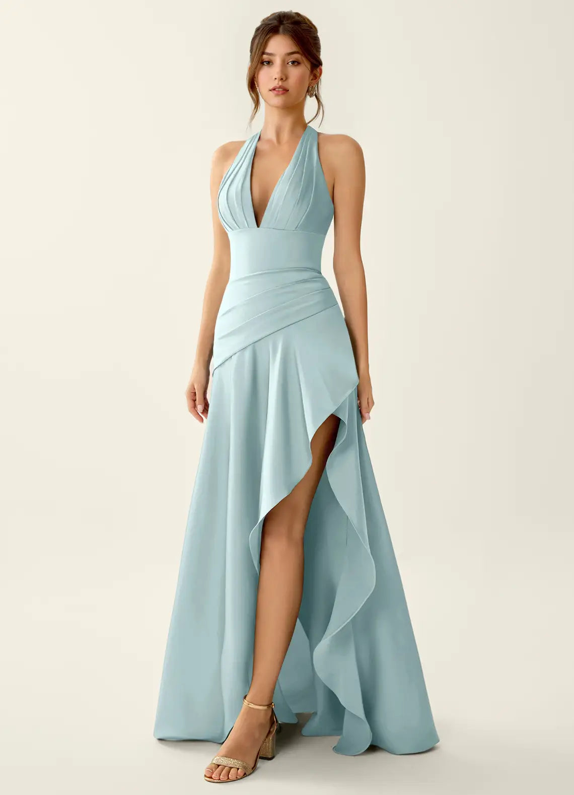 Elegant A-Line Halter Sleeveless Pleated High-Slit Light Blue Maxi Prom Dress