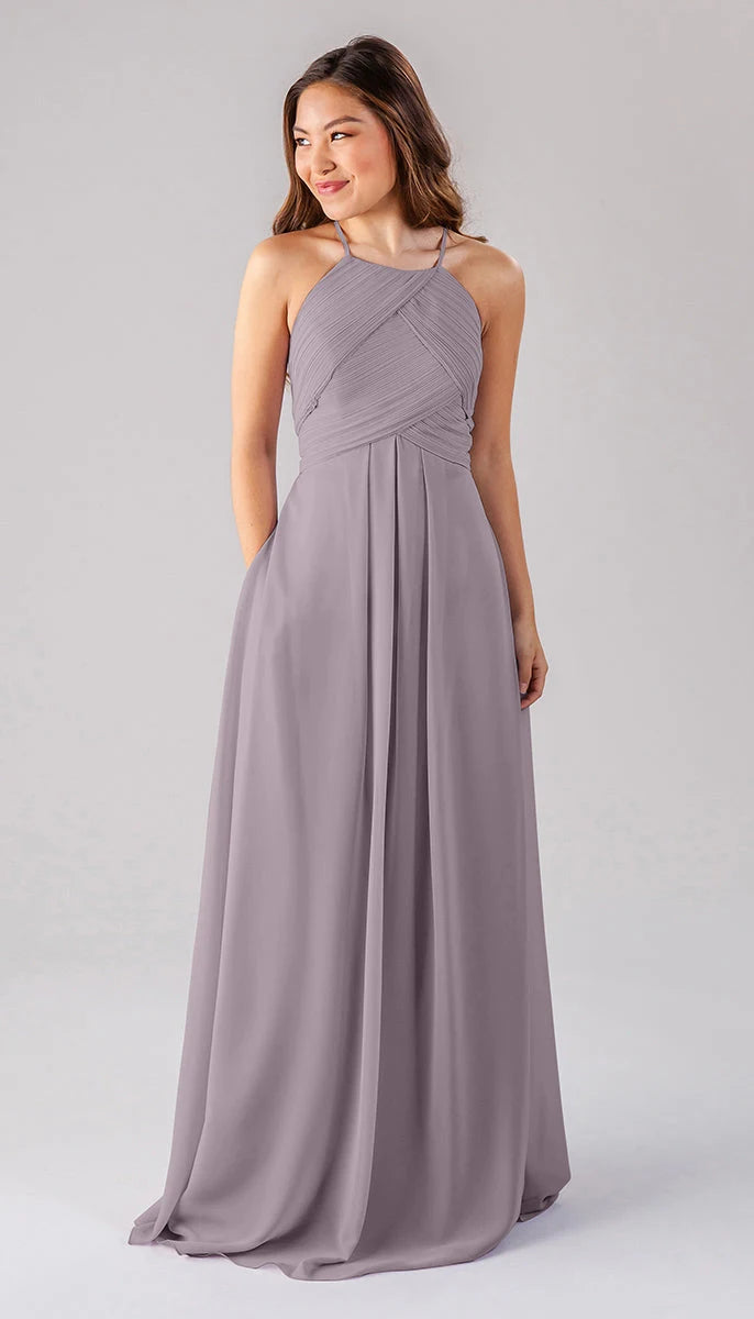 Elegant A-Line Halter Sleeveless Pleated Pocket Lilac Long Bridesmaid Dress Gown