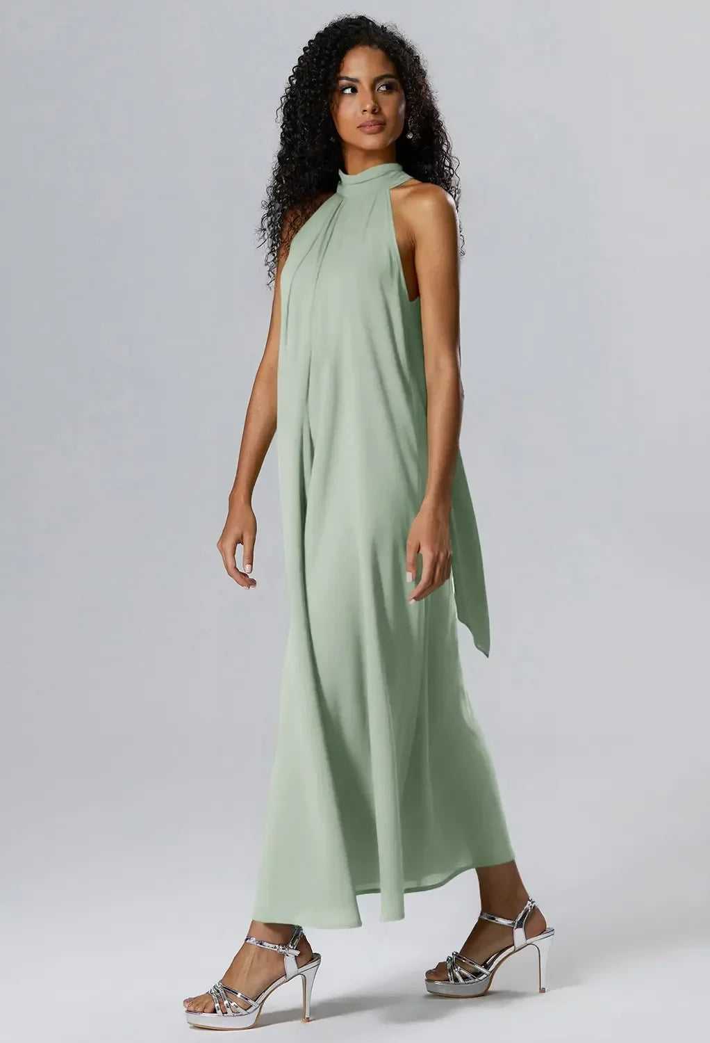 Elegant A-Line Halter Sleeveless Pleated Sage Maxi Bridesmaid Dress Gown
