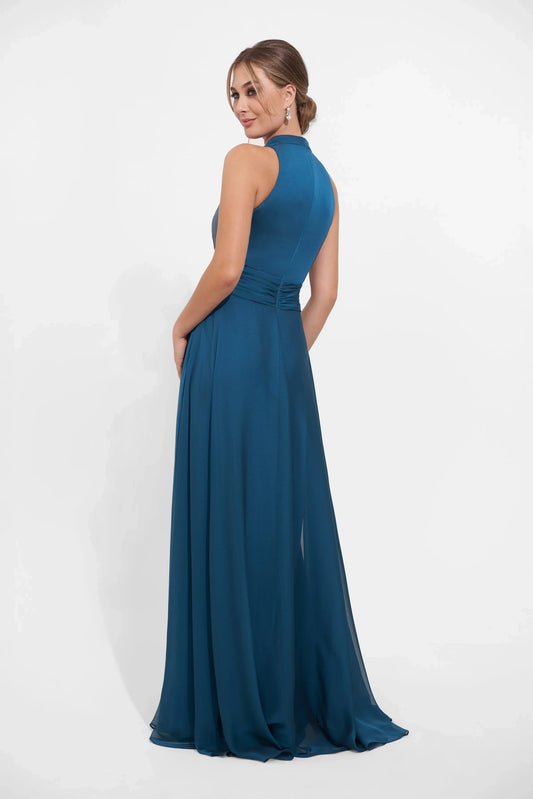 Elegant A-Line Halter Sleeveless Pleated Slit Teal Floor-Length Mother of the Bride Gown