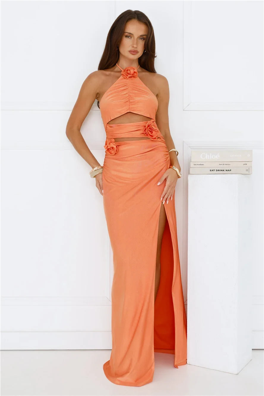 Elegant A-Line Halter Sleeveless Ruched Cutout Peach Floor-Length Prom Dress