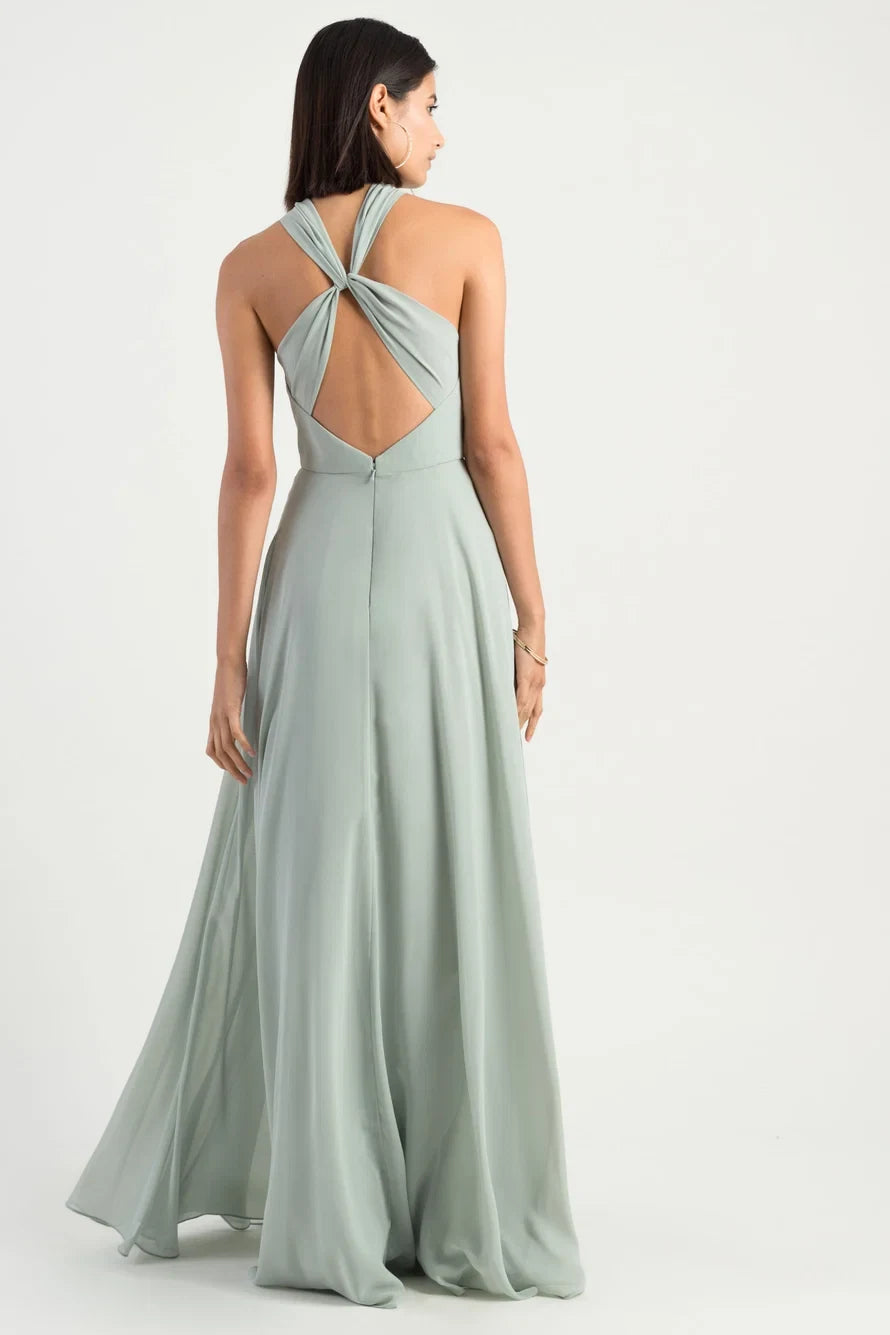 Elegant A-Line Halter Sleeveless Twisted Back Sage Green Floor-Length Bridesmaid Gown