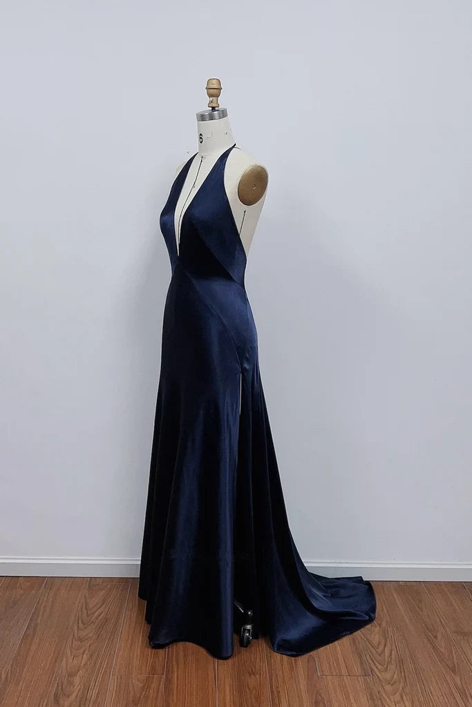 Elegant A-Line Halter V-Neck Sleeveless Backless Navy Blue Floor-Length Prom Gown