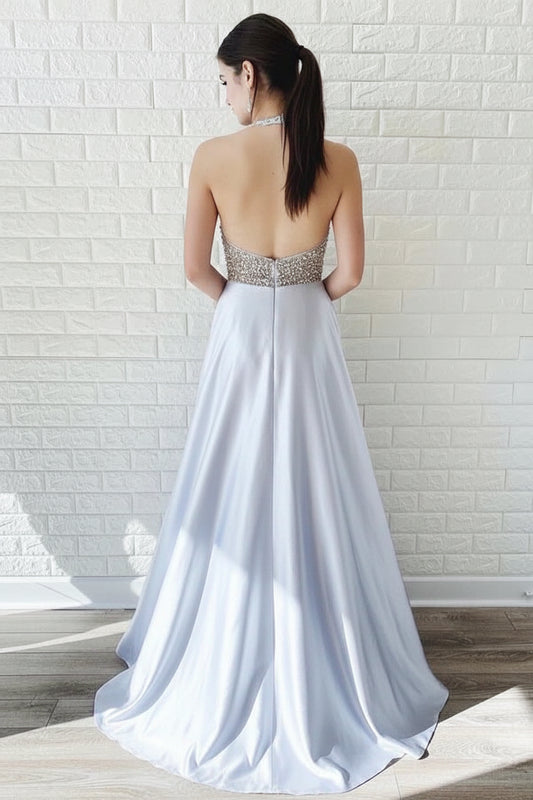 Elegant A-Line Halter V-Neck Sleeveless Beaded Backless Silver Floor-Length Prom Gown