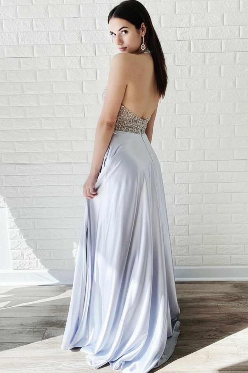 Elegant A-Line Halter V-Neck Sleeveless Beaded Backless Silver Floor-Length Prom Gown