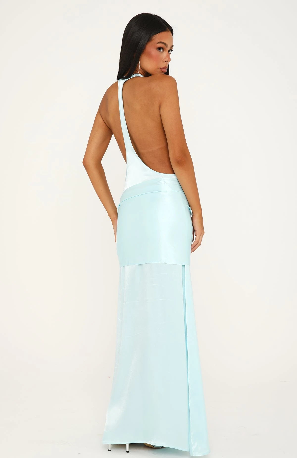 Elegant A-Line Halter V-Neck Sleeveless Draped Light Blue Floor-Length Prom Dress