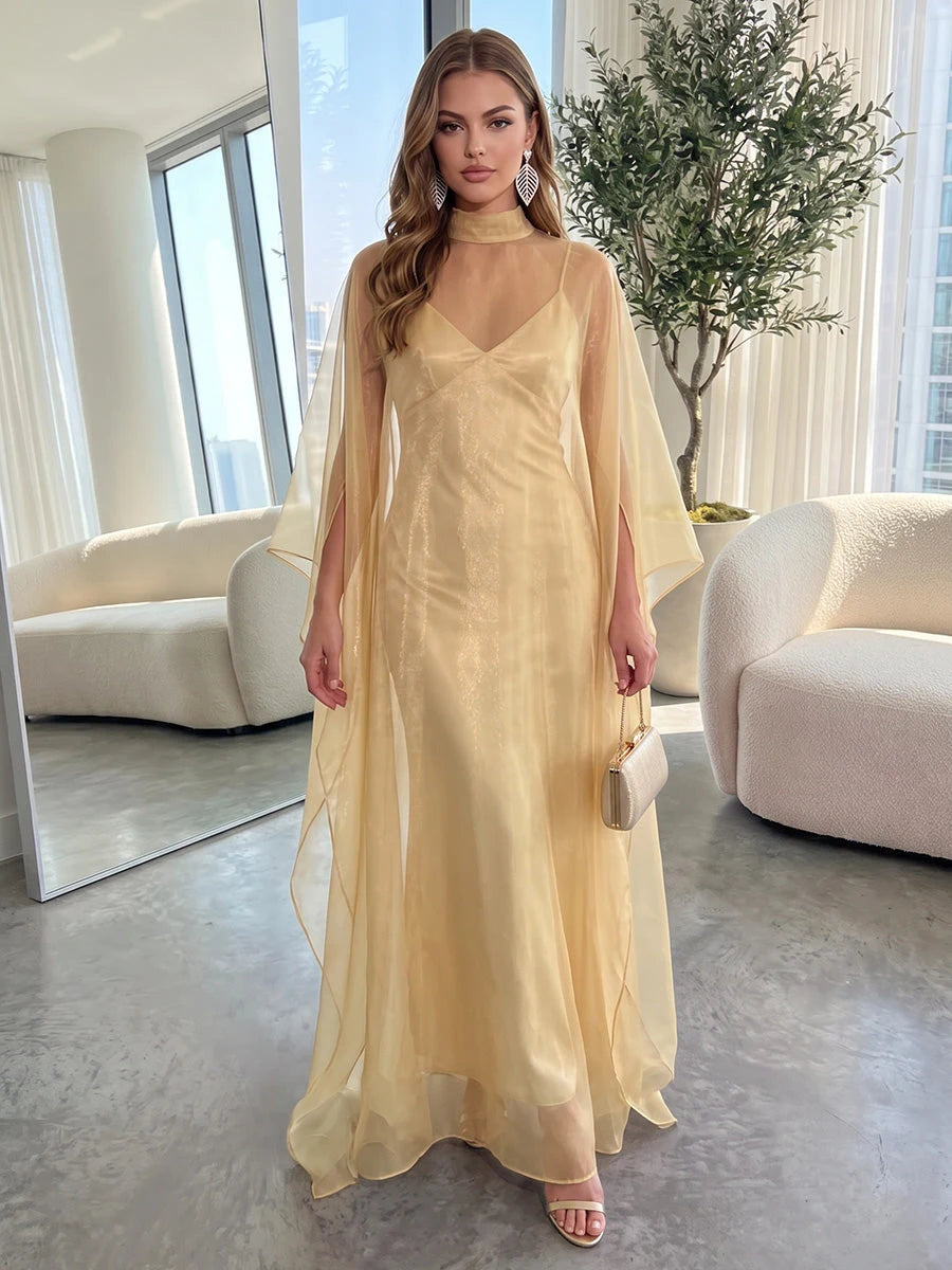 Elegant A-Line High-Neck Cape-Sleeve Flowy Yellow Maxi Prom Dresses Women Gown