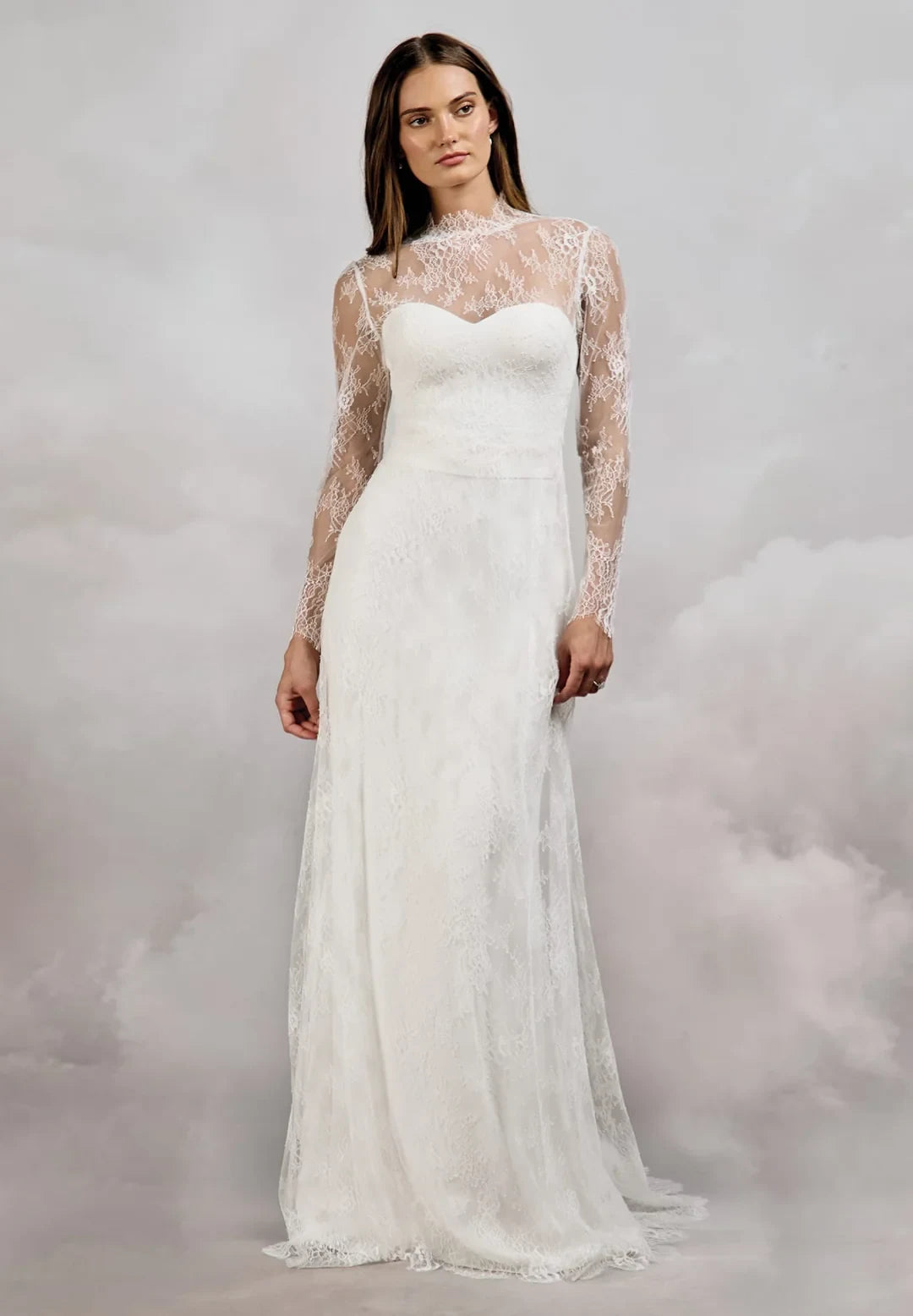 Elegant A-Line High-Neck Long-Sleeve Romantic Ivory Floor-Length Wedding Dresses for Brides