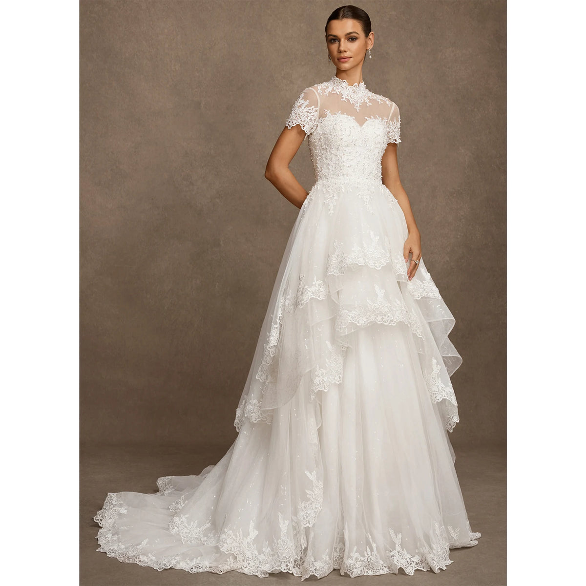 Elegant A-Line High-Neck Short-Sleeve Tiered White Floor-Length Bridal Gown