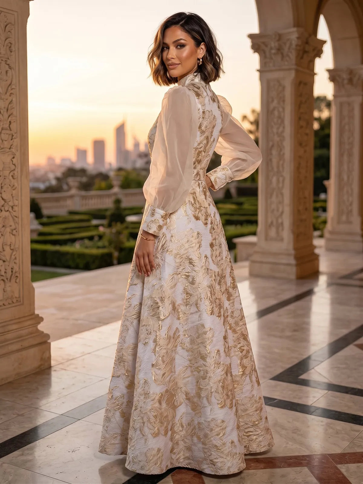Elegant A-Line High-Neck Sleeved Vintage Floral Gold Maxi Prom Dresses Gown