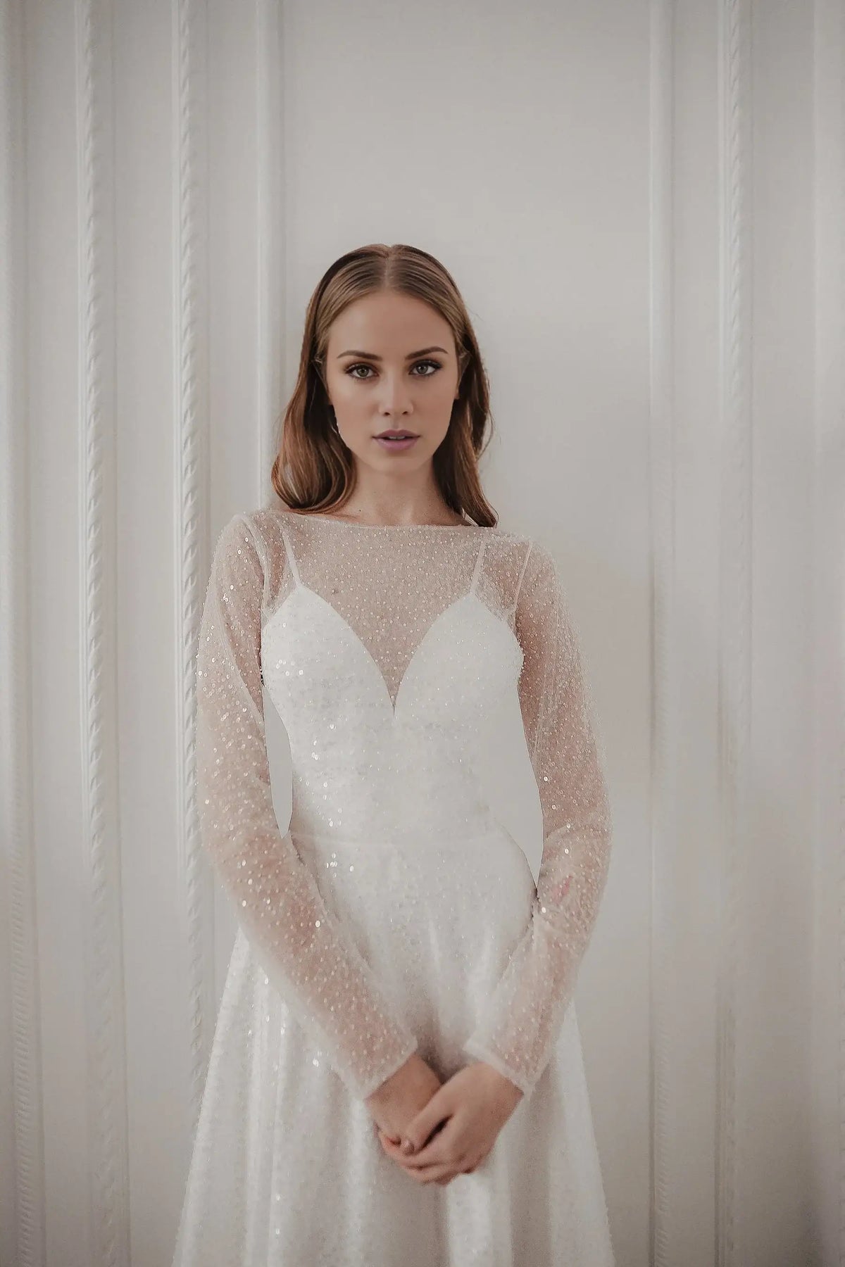 Elegant A-Line Illusion Long Sleeve Beaded White Floor-Length Wedding Dress
