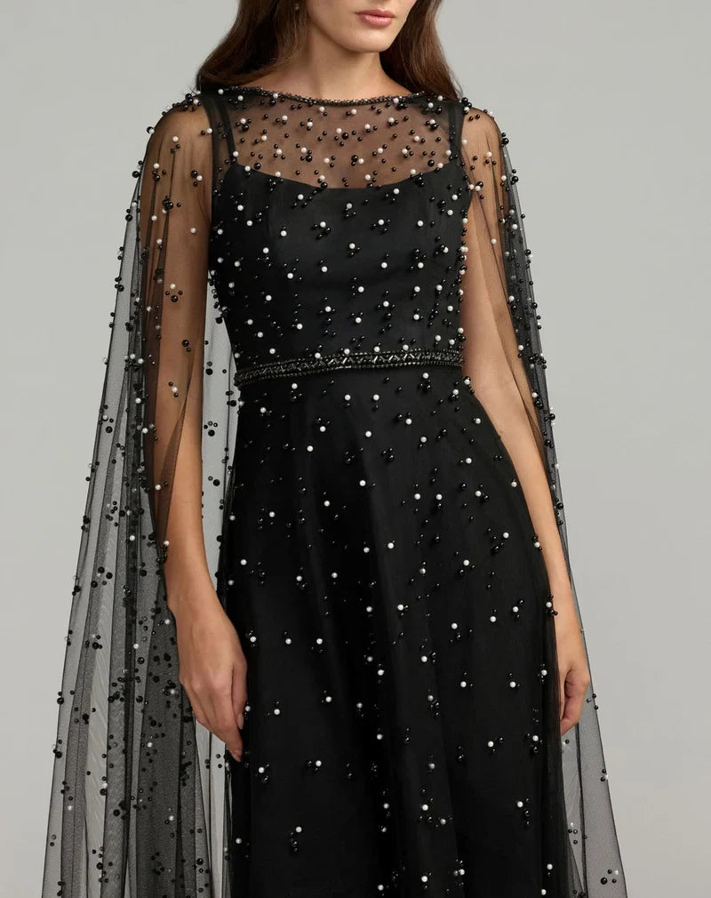 Elegant A-Line Illusion Round Neck Pearl Black Floor-Length Mother of the Bride Gown