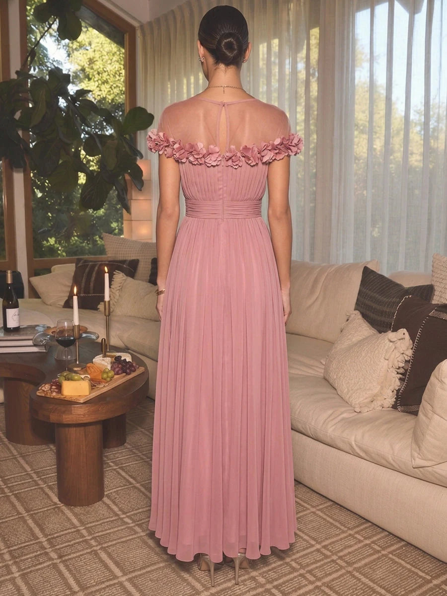 Elegant A-Line Illusion Sleeveless Floral Pleated Pink Maxi Prom Dresses Women