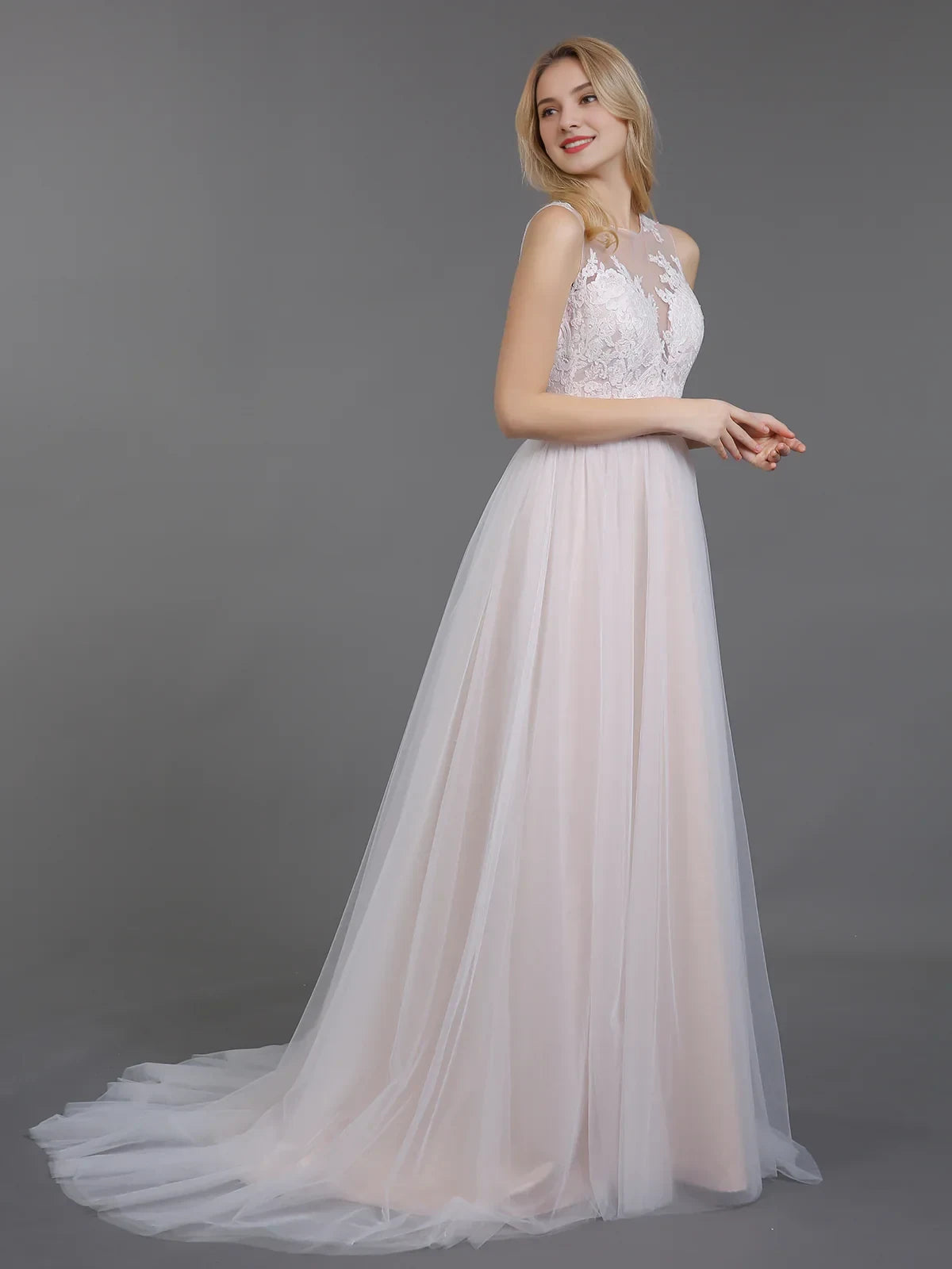 Elegant A-Line Illusion Sleeveless Lace Tulle Blush Floor-Length Wedding Gown