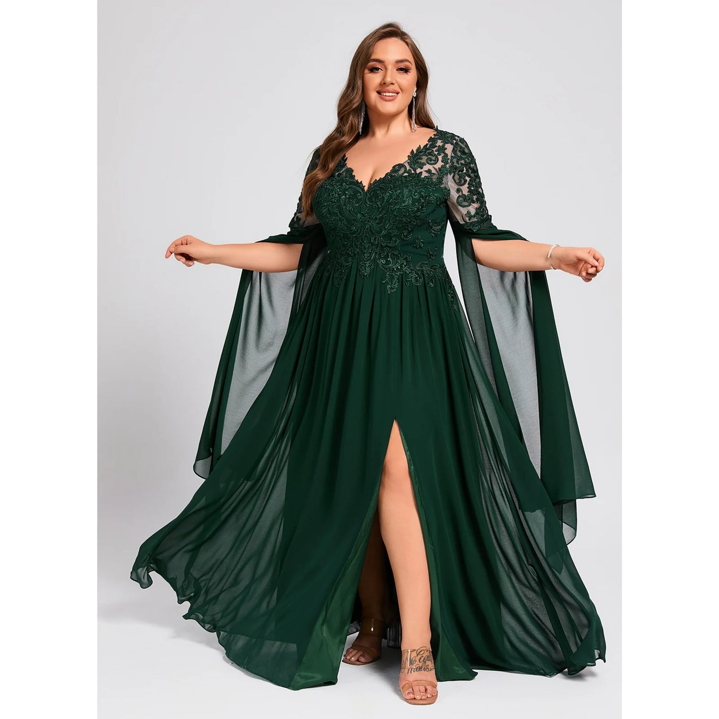 Elegant A-Line Long Sleeve Embroidered Emerald Mother of the Bride Gown