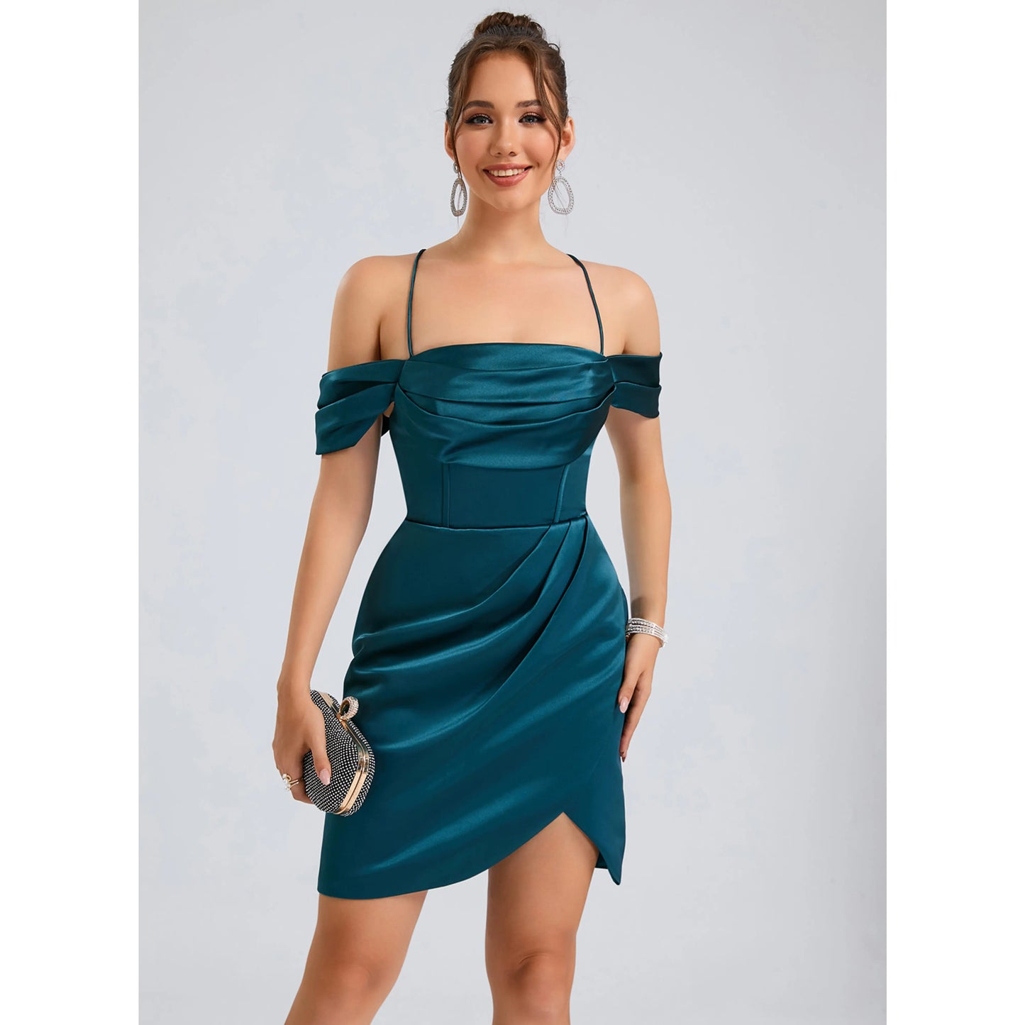 Elegant A-Line Off-Shoulder Draped Asymmetrical Teal Short Homecoming Dress
