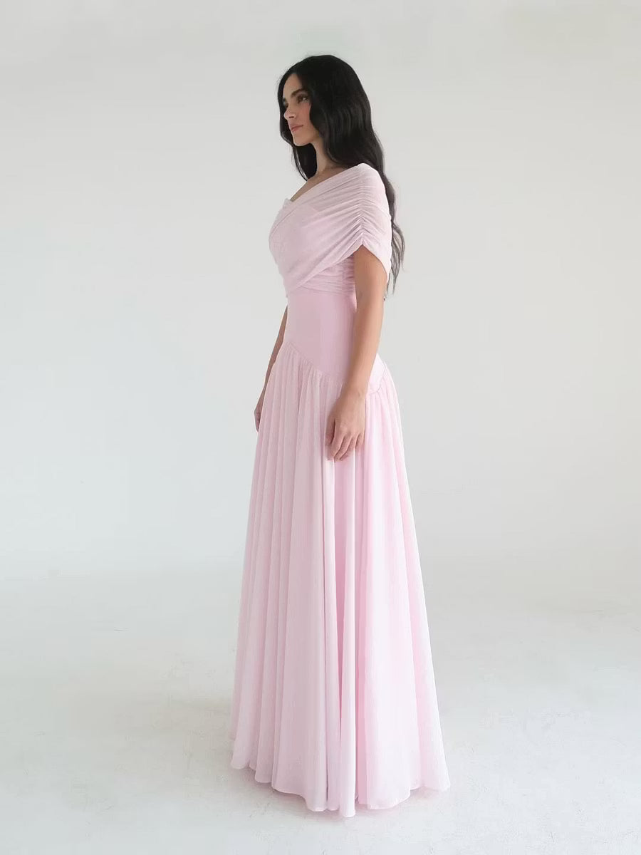 Elegant A-Line Off-Shoulder Draped Flowy Blush Pink Floor-Length Prom Dresses Gown