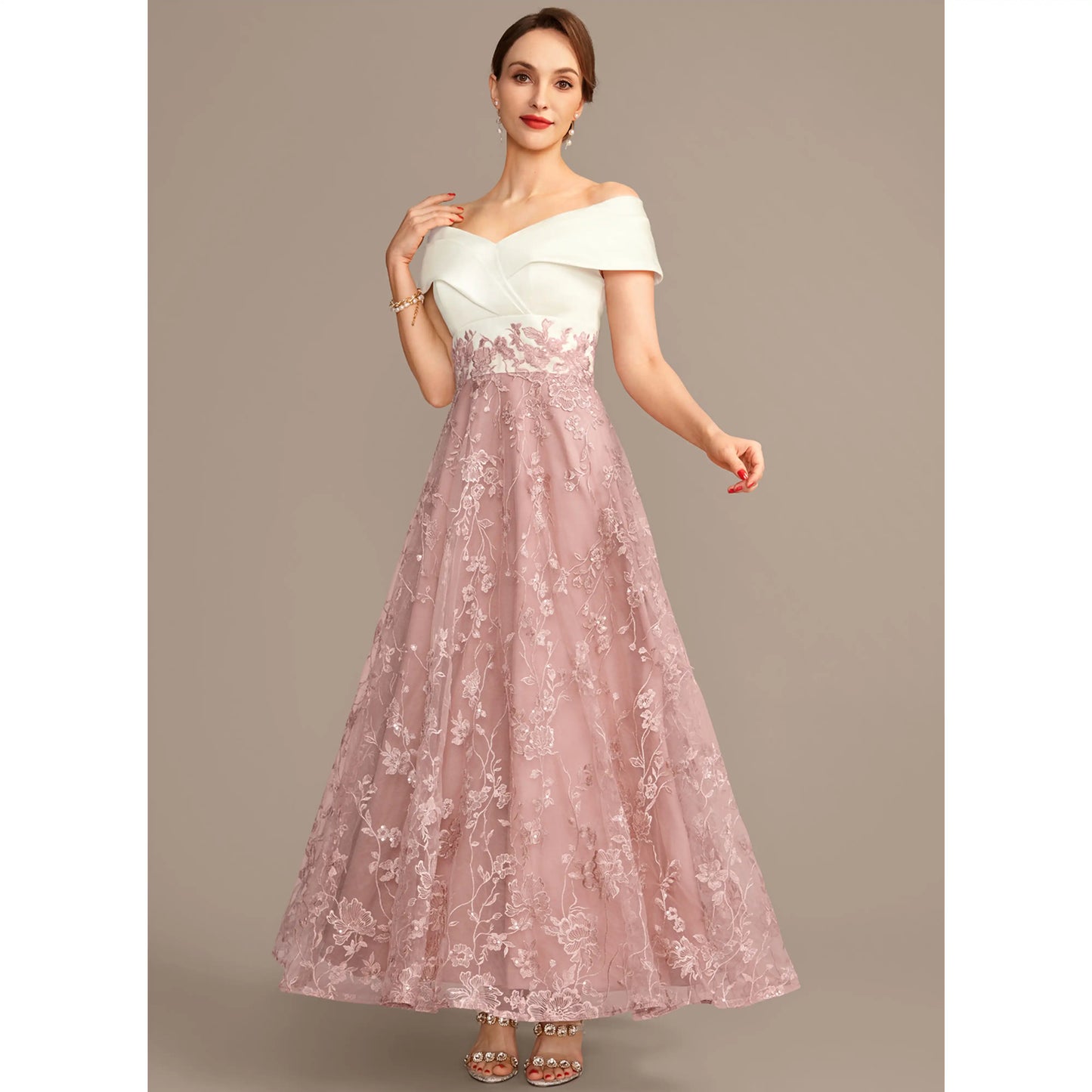 Elegant A-Line Off-Shoulder Embroidered Dusty Rose Floor Length Mother of the Bride Dress