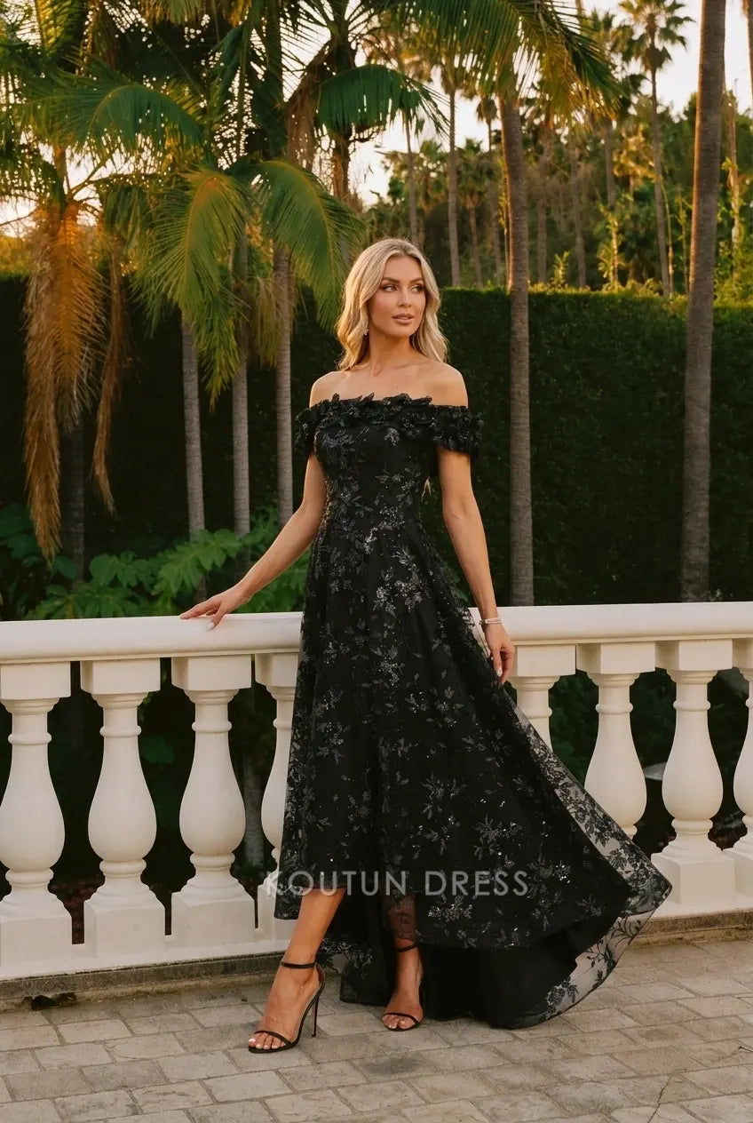 Elegant A-Line Off-Shoulder Floral Sequin Black High-Low Prom Dresses Women's Gown