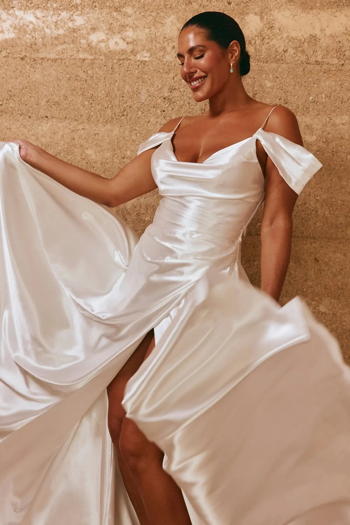 Elegant A-Line Off-Shoulder High-Slit Ivory Floor-Length Wedding Gown for Brides