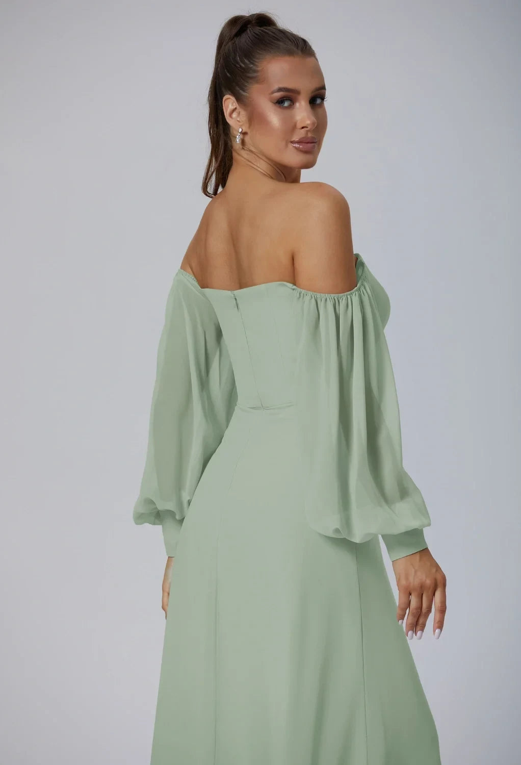Elegant A-Line Off-Shoulder Long-Sleeve Slit Sage Maxi Bridesmaid Dress Women