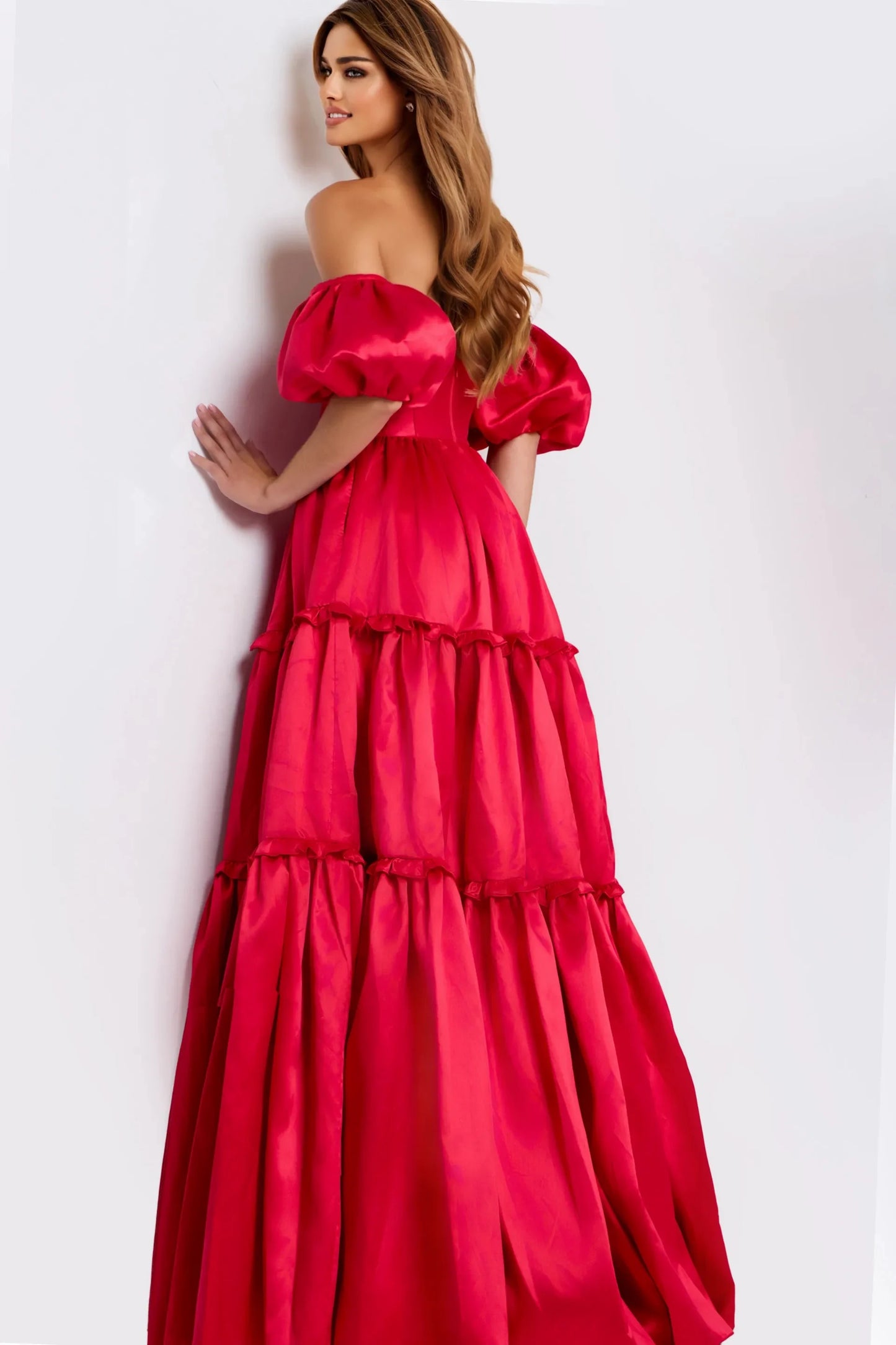 Elegant A-Line Off-Shoulder Puffed Sleeve Beaded Tiered Ruby Red Floor-Length Evening Gown