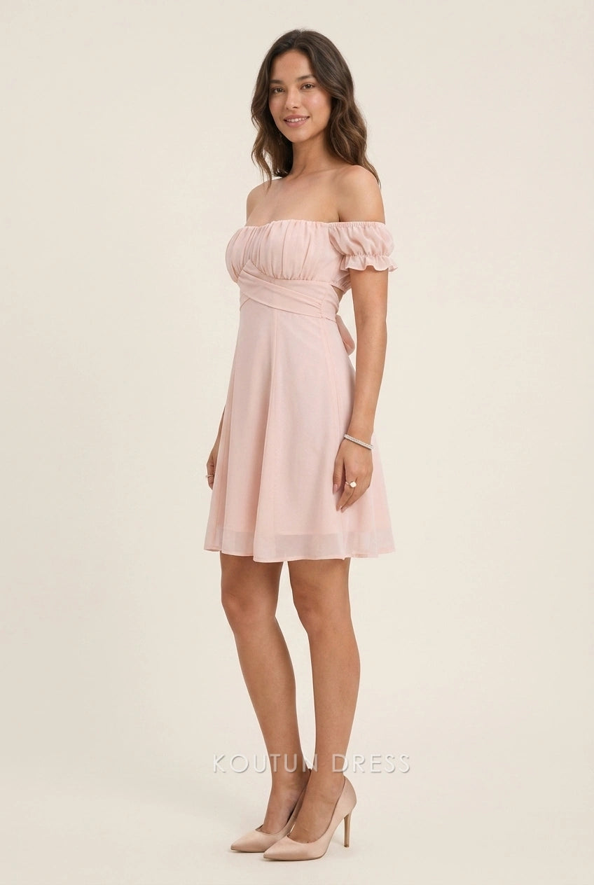 Elegant A-Line Off-Shoulder Ruched Tie-Back Blush Short Homecoming Dress