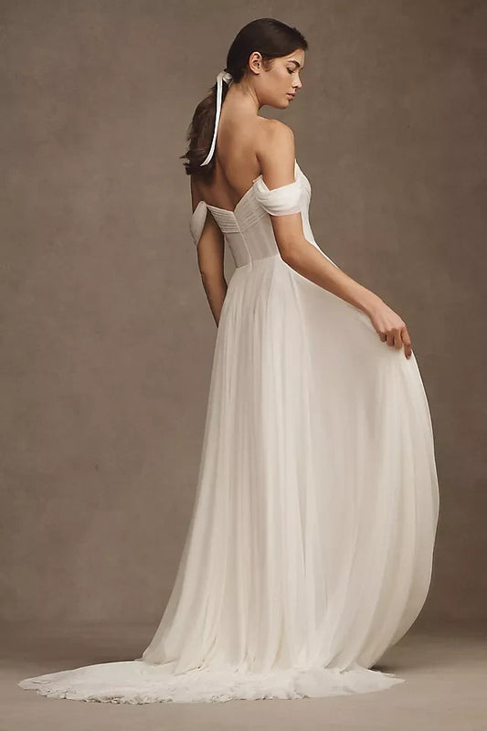 Elegant A-Line Off-Shoulder Ruched White High-Low Wedding Dresses Bride Gown
