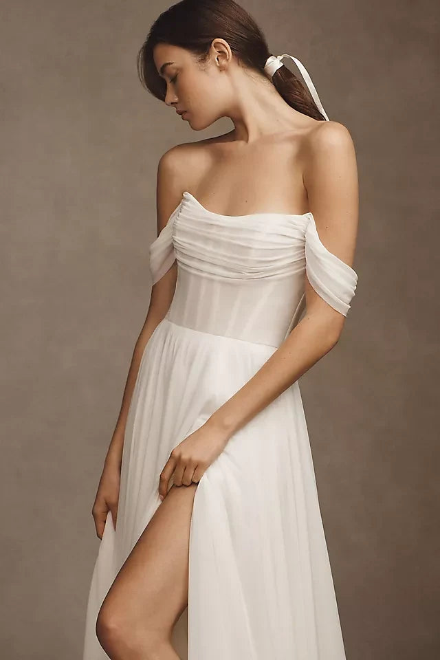 Elegant A-Line Off-Shoulder Ruched White High-Low Wedding Dresses Bride Gown