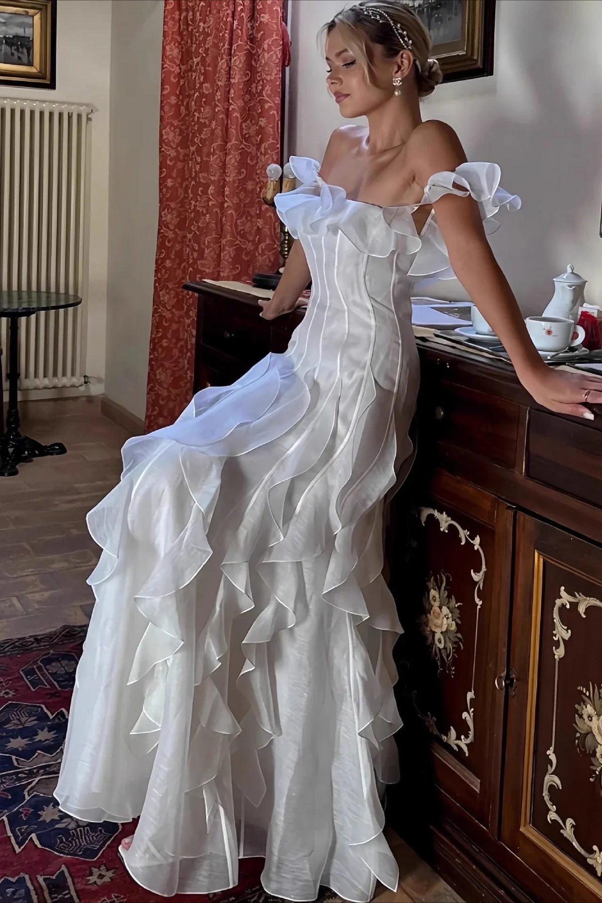 Elegant A-Line Off-Shoulder Ruffled Tiered White Floor-Length Wedding Dresses Bridal Gown