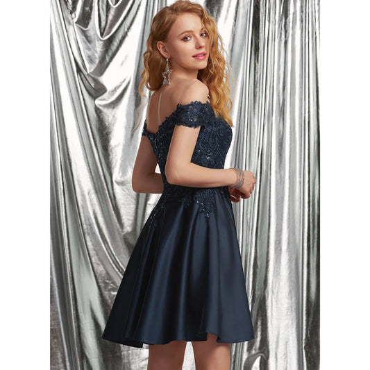 Elegant A-Line Off-Shoulder Sequin Lace Navy Short Homecoming Dress for Women