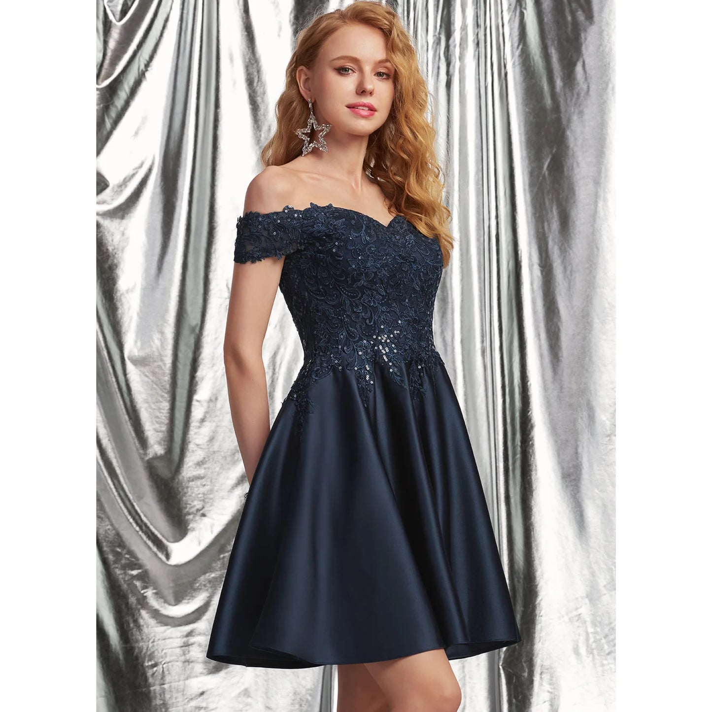 Elegant A-Line Off-Shoulder Sequin Lace Navy Short Homecoming Dress for Women