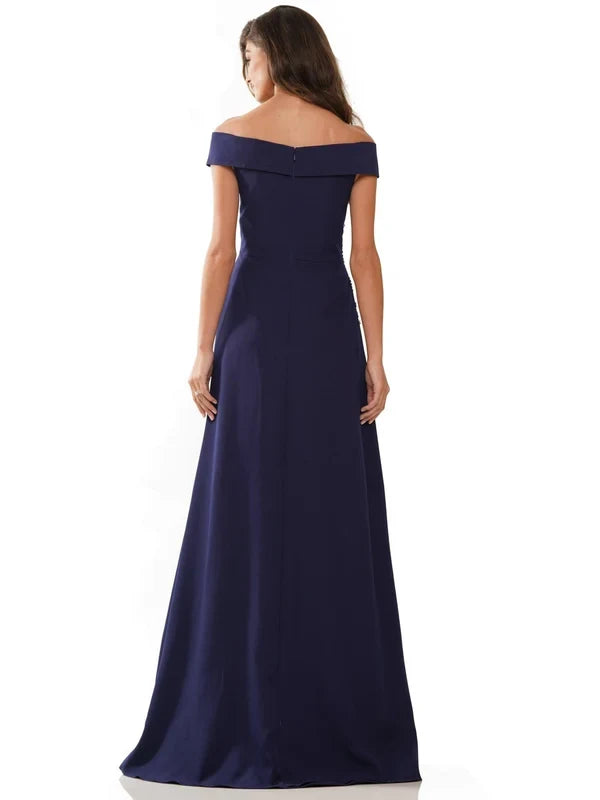 Elegant A-Line Off-Shoulder Short-Sleeve Beaded Pleated Navy Maxi Mother-of-the-Bride Women Gown