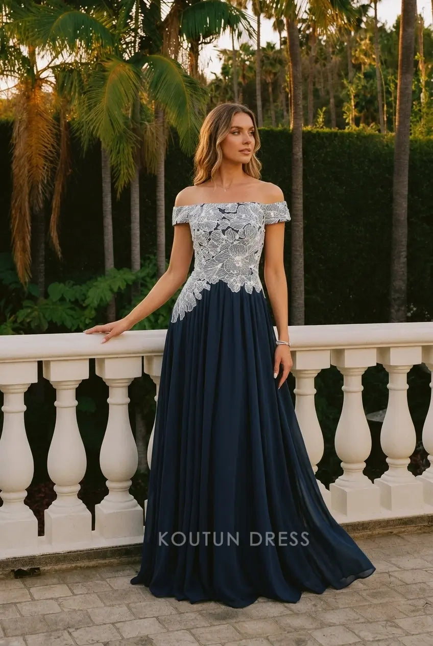 Elegant A-Line Off-Shoulder Sleeved Romantic Chic Navy White Floor-Length Prom Dress for Women