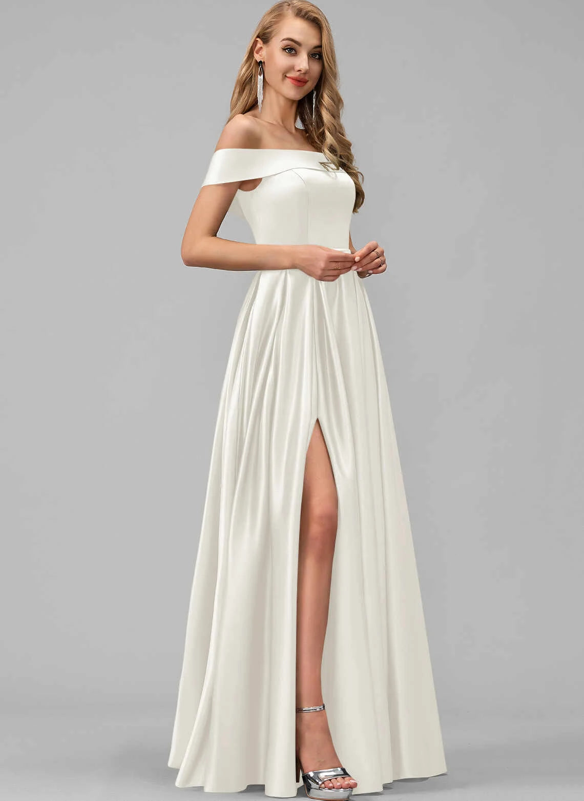 Elegant A-Line Off-Shoulder Sleeveless High Slit Ivory Floor-Length Wedding Gown