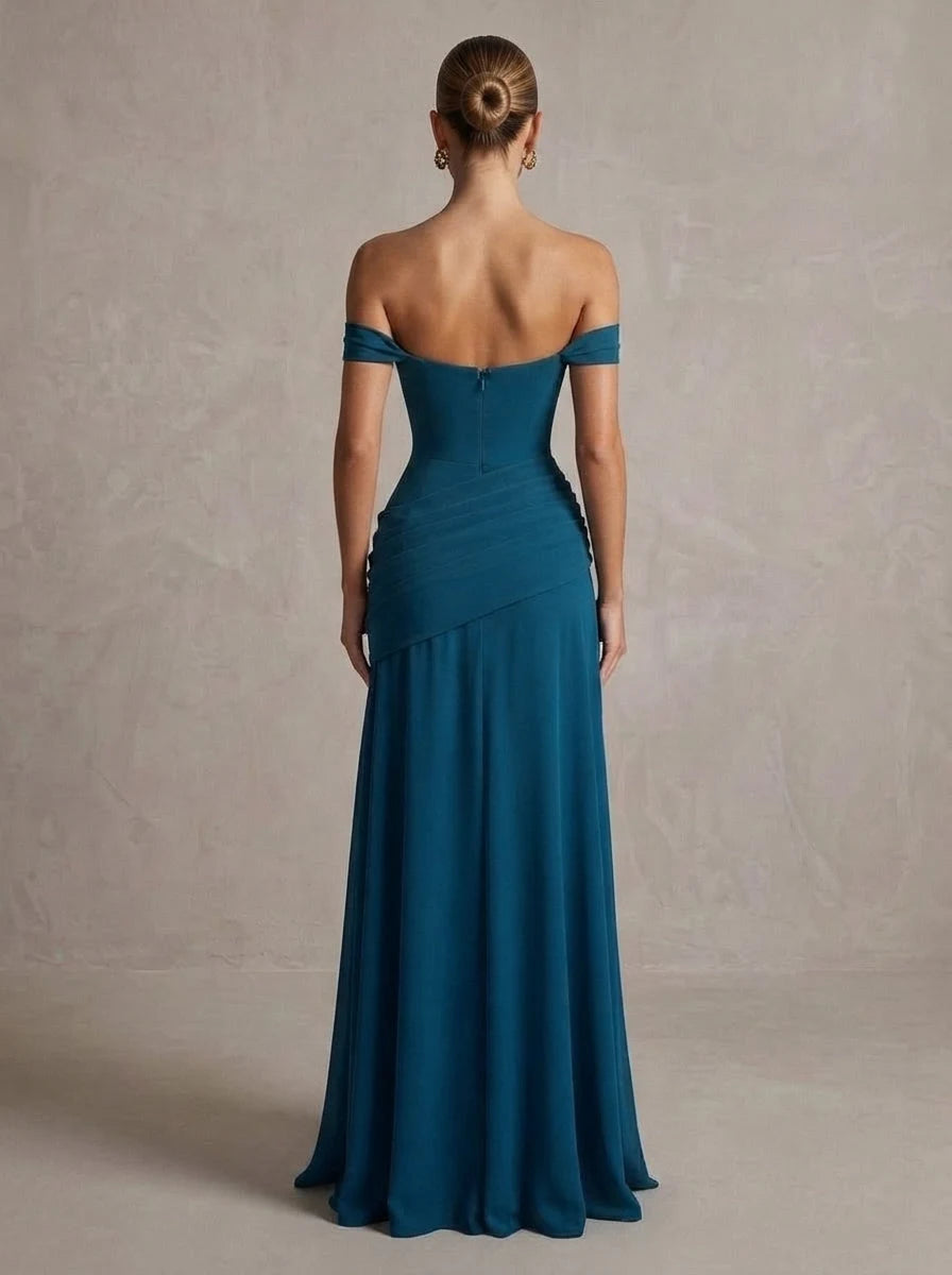 Elegant A-Line Off-Shoulder Sleeveless Ruched Draped Teal Prom Dresses Women Gown