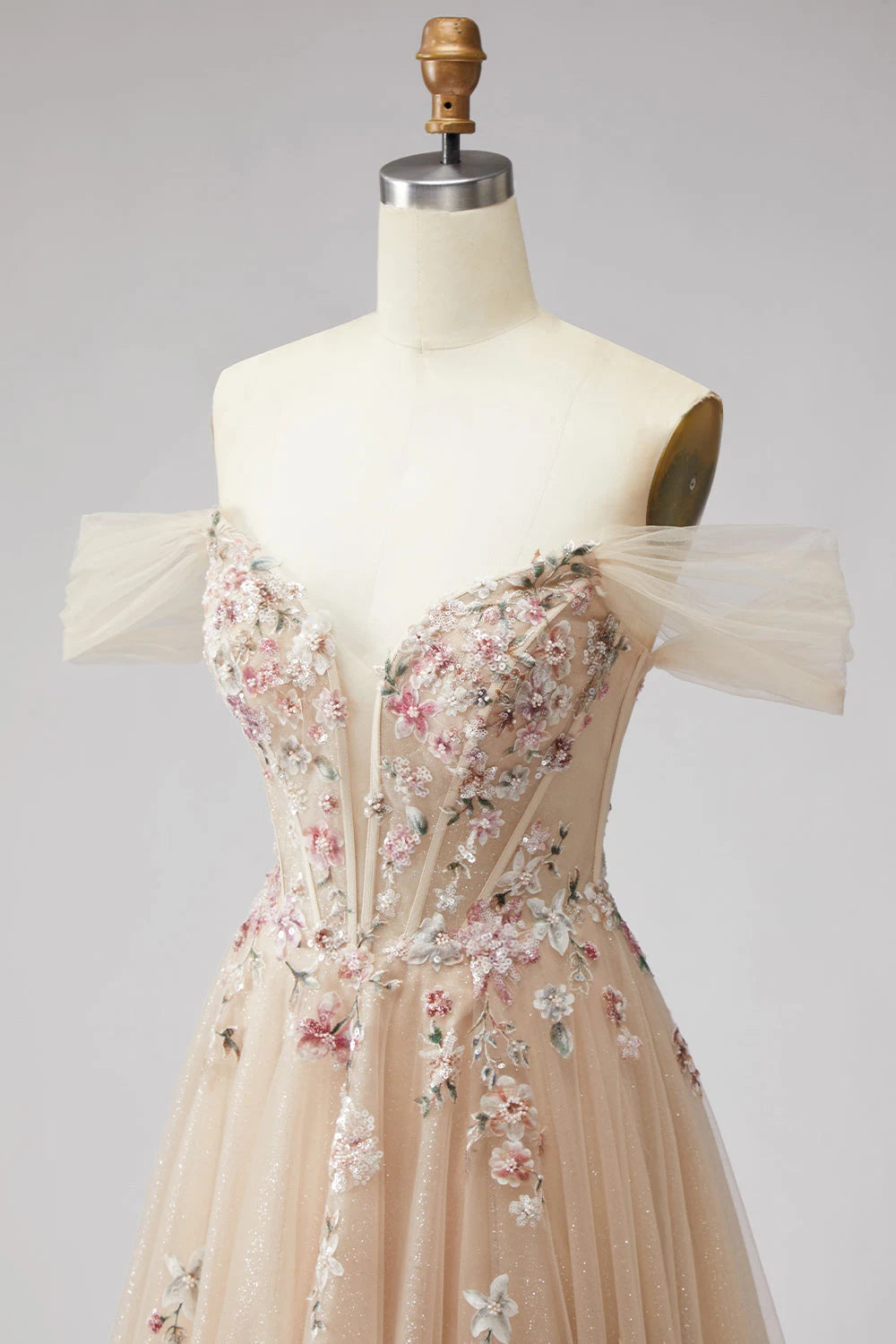 Elegant A-Line Off-Shoulder Sweetheart Floral Glitter Champagne Floor-Length Prom Gown