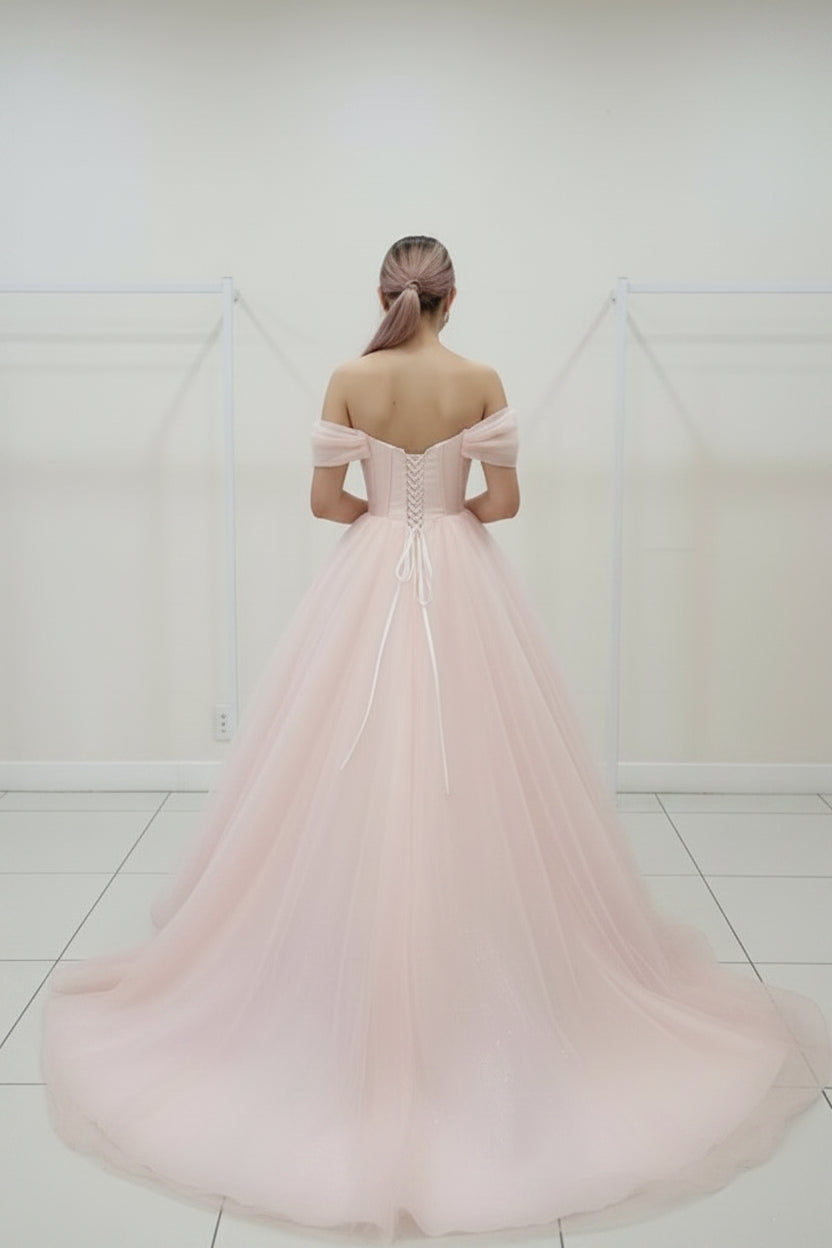 Elegant A-Line Off-Shoulder Tulle Flowy Pink Long Prom Dress Gown