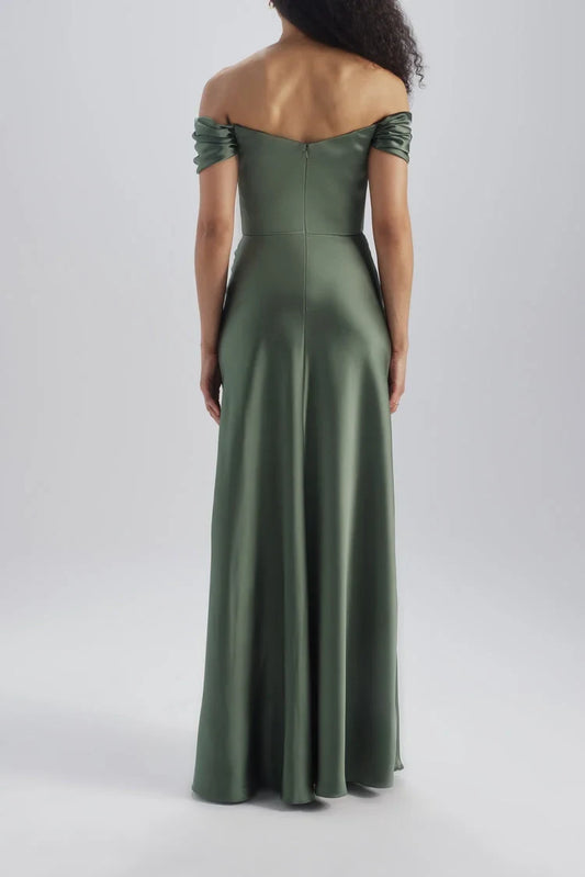 Elegant A-Line Off-Shoulder Twisted Bodice Sage Green Floor-Length Bridesmaid Gown