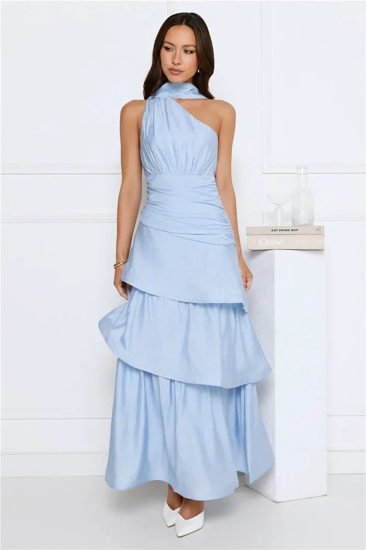 Elegant A-Line One-Shoulder Halter Ruched Tiered Light Blue Maxi Prom Dress