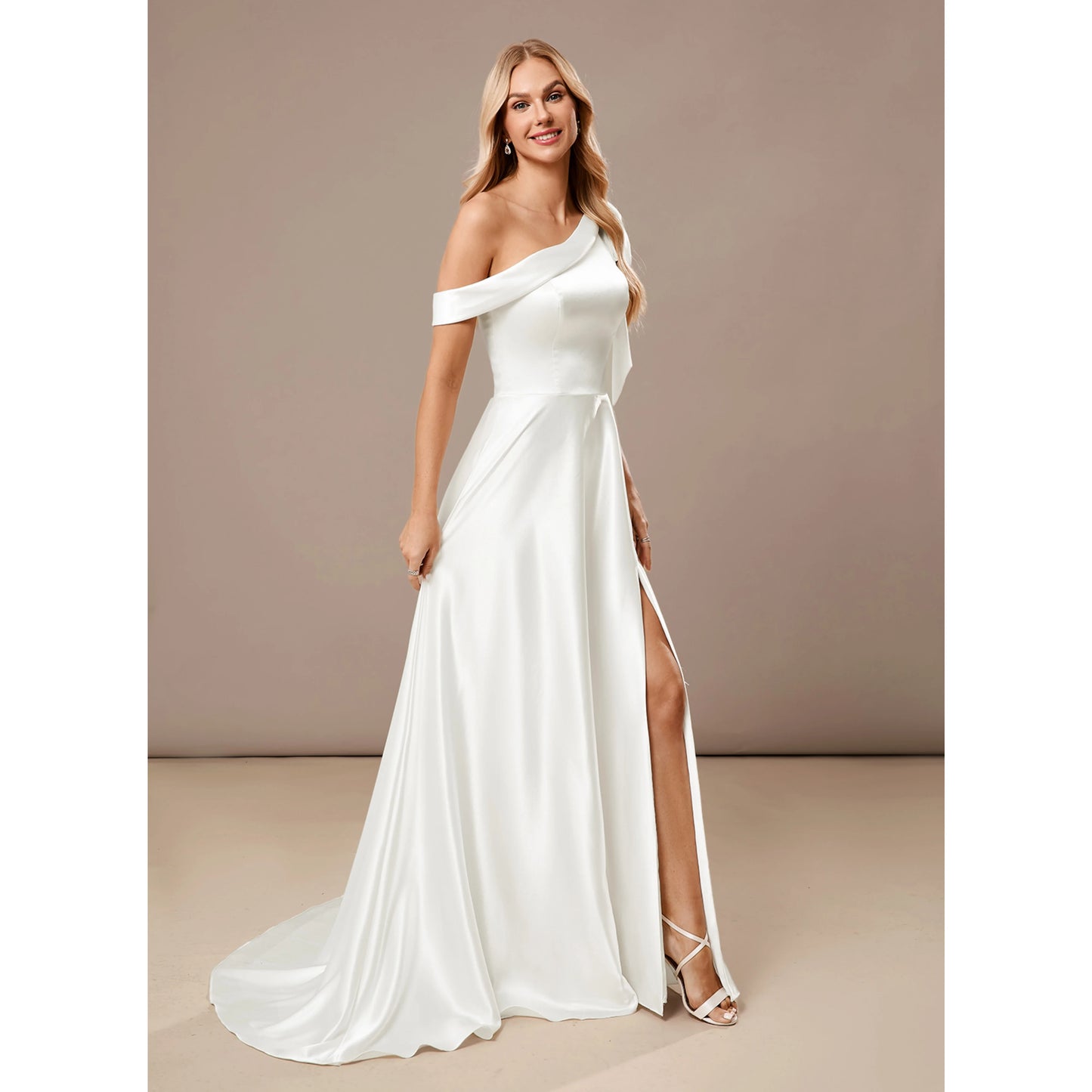 Elegant A-Line One-Shoulder High Slit White Floor-Length Wedding Dresses Women's Gown