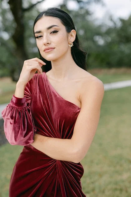 Elegant A-Line One-Shoulder Long Sleeve Draped Deep Red Floor-Length Bridesmaid Dress