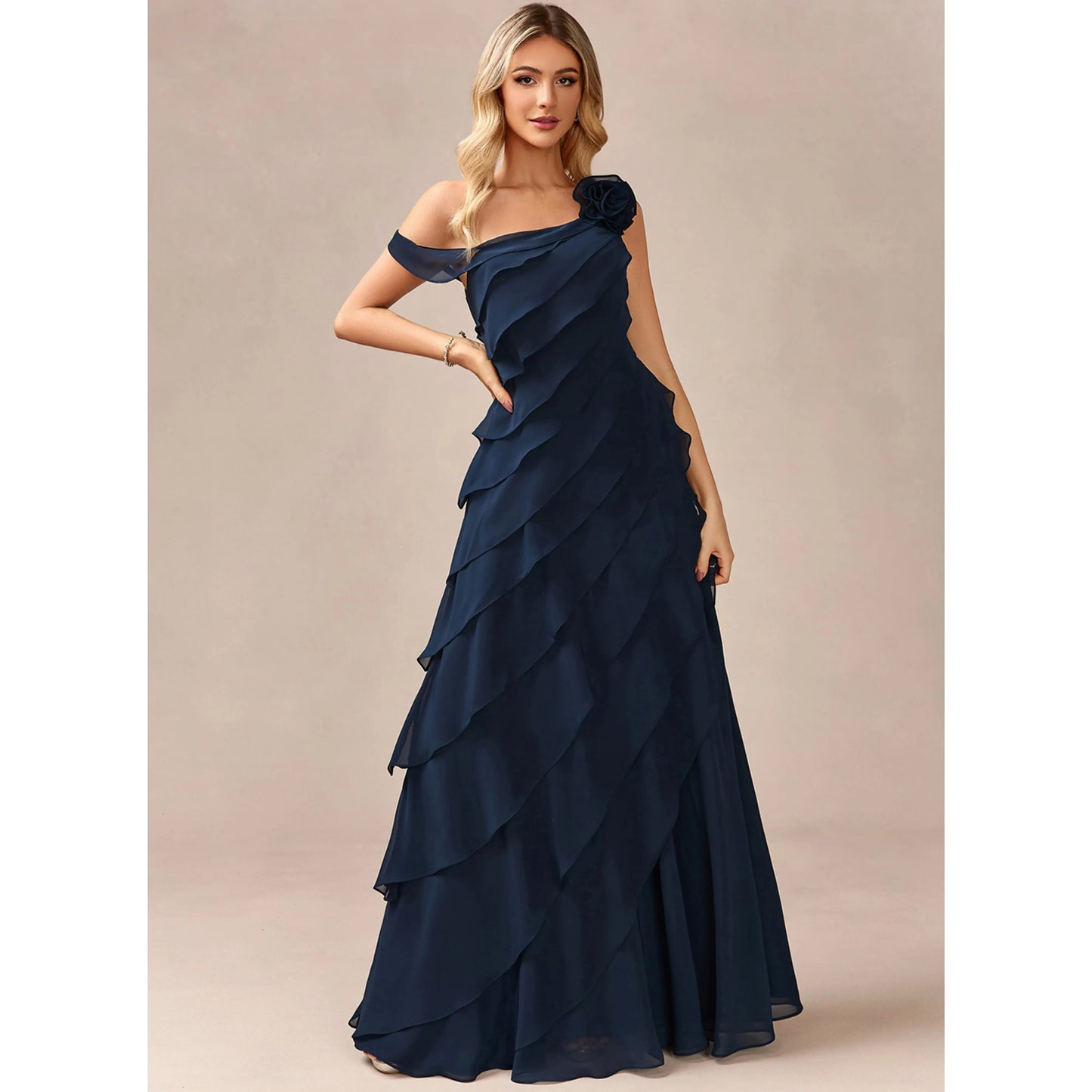Elegant A-Line One-Shoulder Ruffled Floral Navy Blue Floor-Length Prom Gown