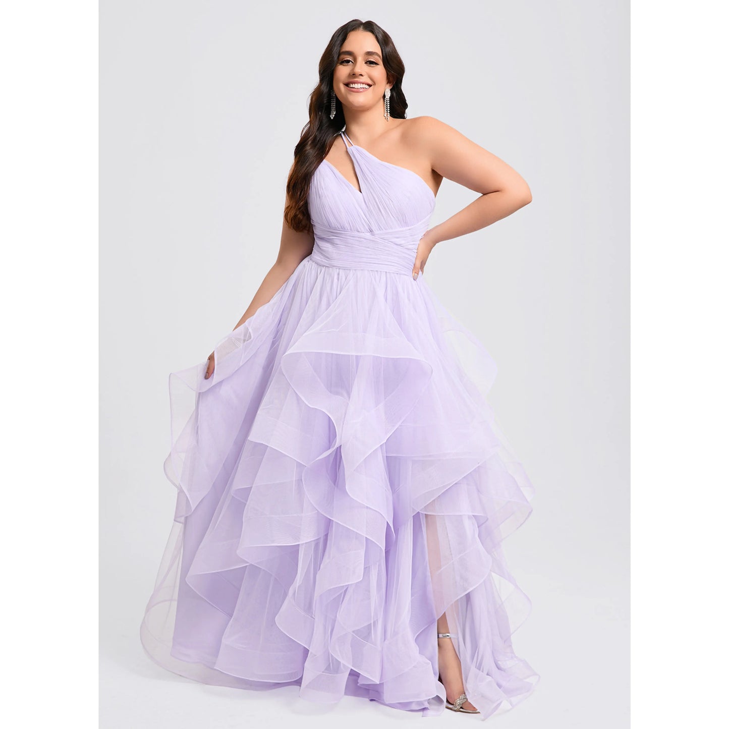 Elegant A-Line One-Shoulder Ruffled Lavender Long Prom Dresses Gown