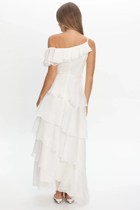 Elegant A-Line One-Shoulder Ruffled Tiered White Maxi Prom Dress for Women