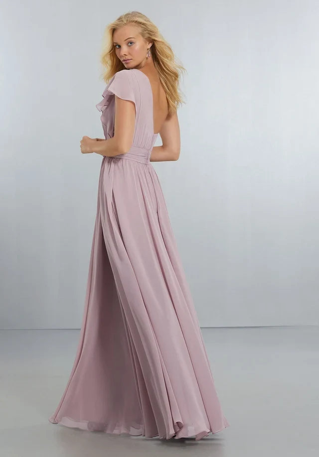 Elegant A-Line One-Shoulder Short-Sleeve Pleated Flowy Mauve Maxi Bridesmaid Dress Women